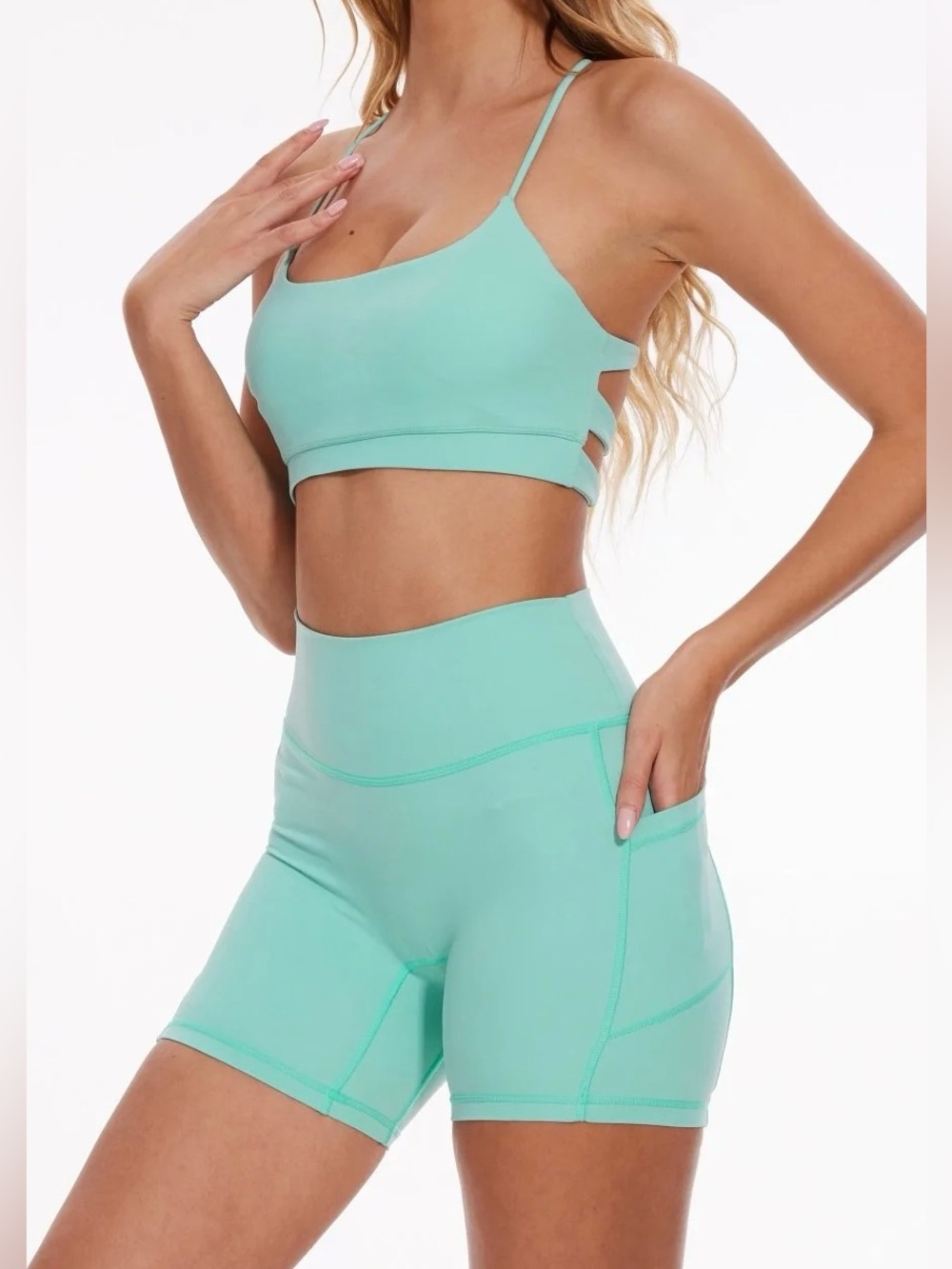 SILVERWIND Halter Sports Bra & High-waisted Pockets Biker Shorts Set NWT - Picture 2 of 7